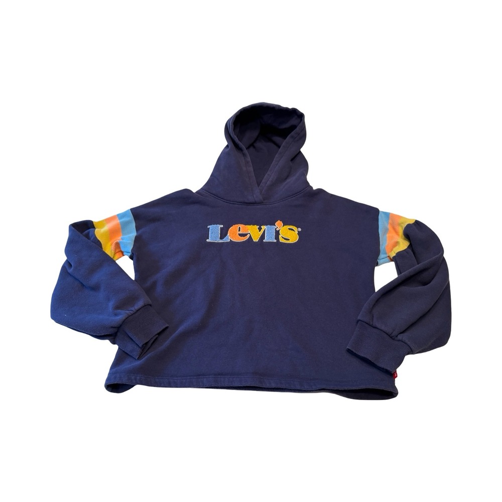 Levis Girls Navy Blue Cropped Hoodie Embroidered Logo Striped Sleeves L 12-13